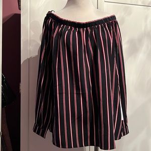 Polyester off the shoulder red, white, and navy striped top.
